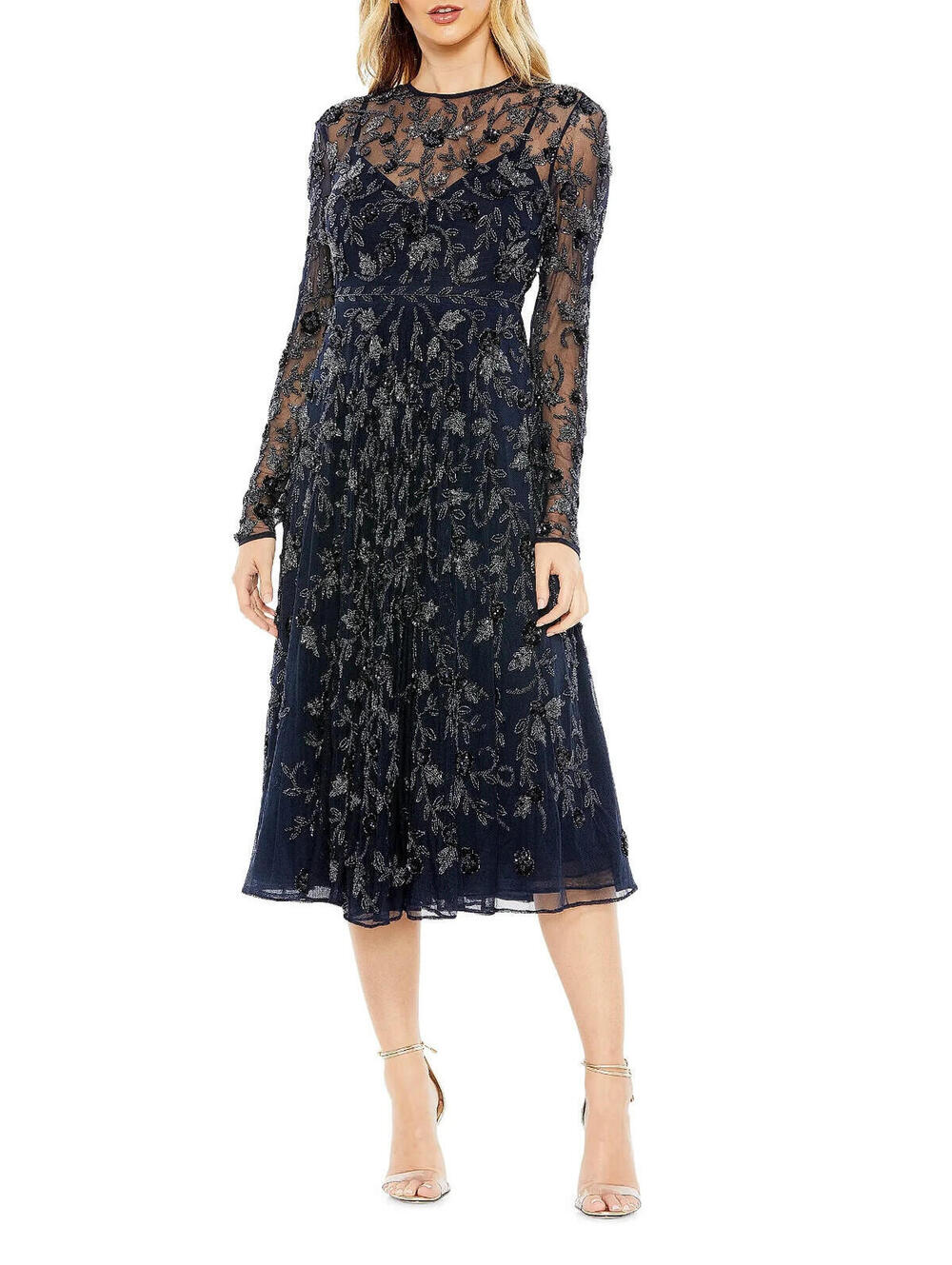 NEW, Mac Duggal Long-Sleeve Embellished Floral Midi-Dress in Navy Sz 18 #MD0226